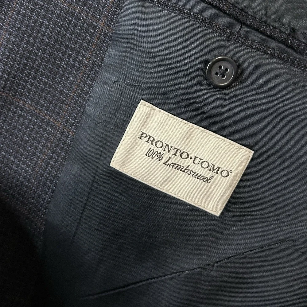 Pronto‎ Uomo Blazer Mens 48L Lambswool Sport Coat Gray Herringbone 2 Button